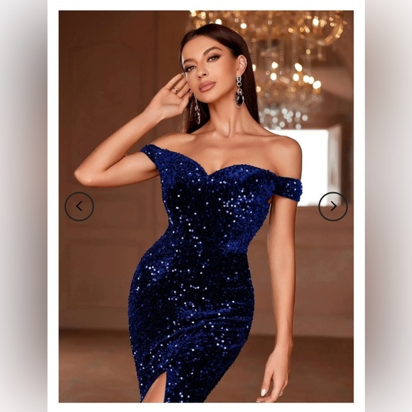 Faeriesty Elegant Off Shoulder Split Mermaid Hem Ombre Sequin Evening Dress sz S - Picture 9 of 11